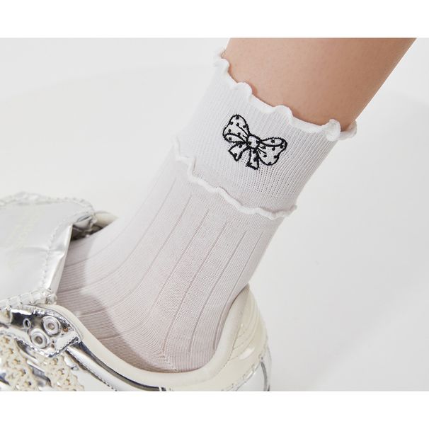 Chaussettes mi-mollet brodées pour femmes, tendance, ethniques, nœud, décontractées, blanches, nouveau style_voghion.com
