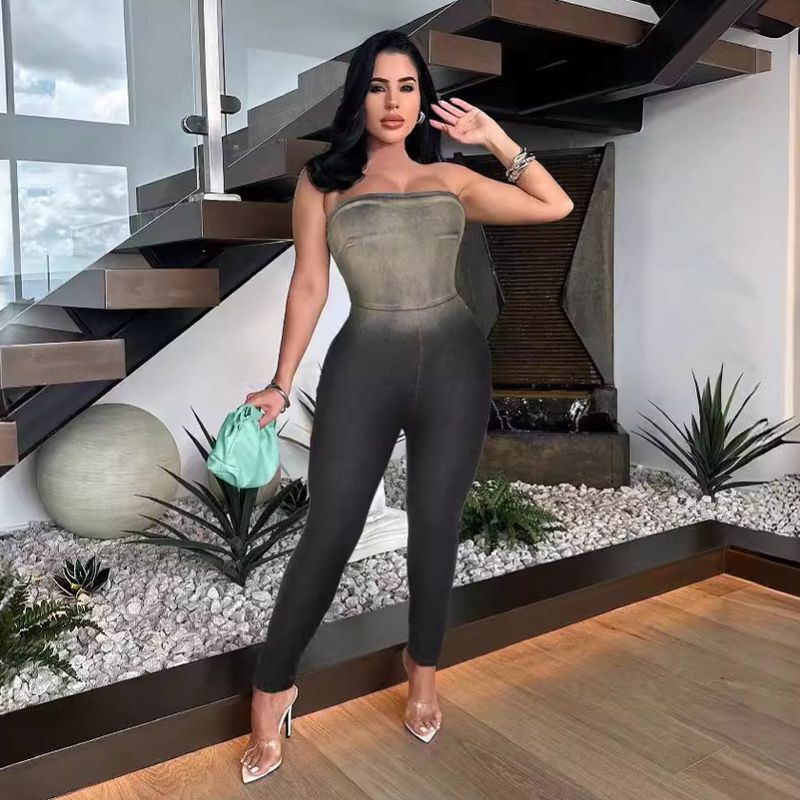 Salopetă sexy din denim elastic, cu imprimeu tubulară, stil e-commerce, pentru femei, cu imprimeu gradient_voghion.com