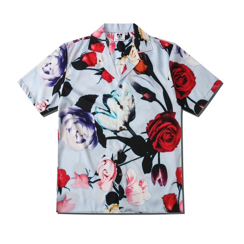Men's Clothing Yibo same style creative retro abstract print rose casual loose short-sleeved shirt beach cardigan men and women_voghion.com