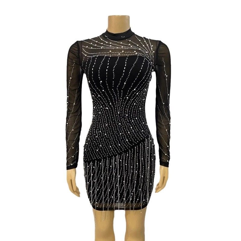 Women's Clothing Sexy Mesh Hot Diamond Sling Hip Skirt Banquet Dress Tassel Dress_voghion.com