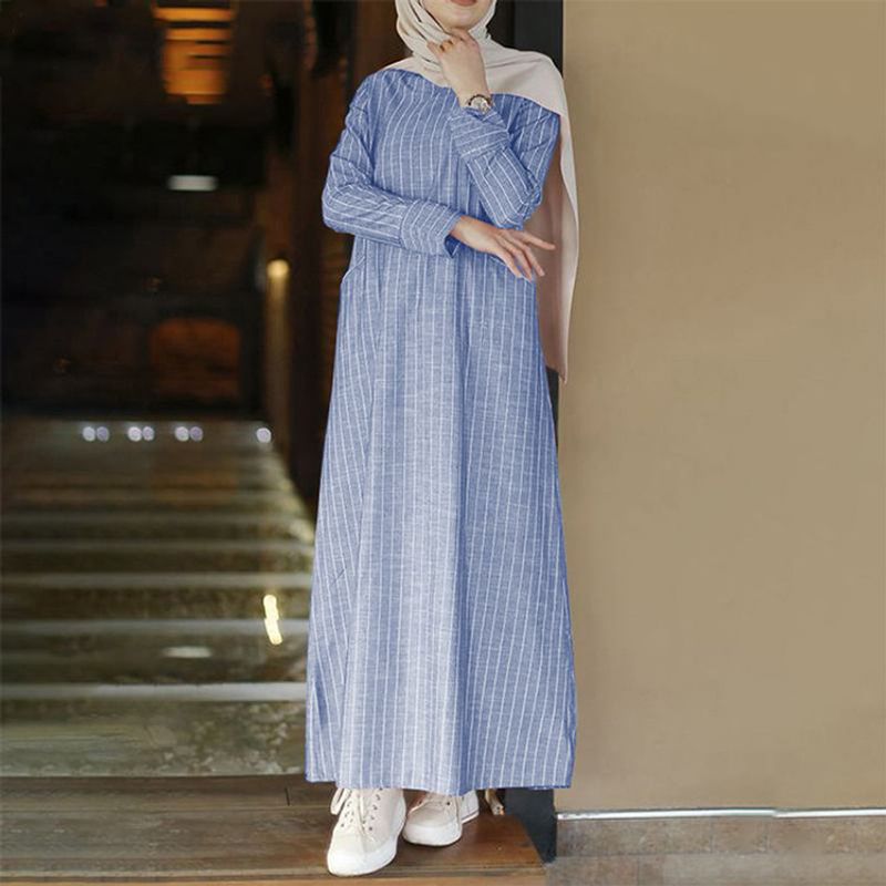 Women's plus size women's long skirt, long-sleeved striped cotton and linen dress_voghion.com