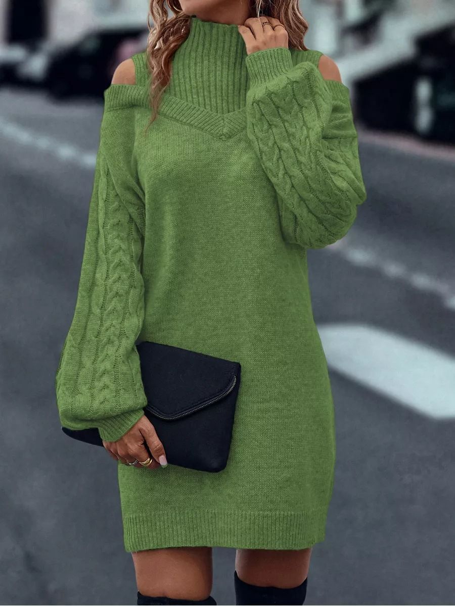 Abito in maglia oversize a maniche lunghe da donna con scollo semi-alto e design a spalle scoperte, abito tunica ampio per autunno inverno, casual_voghion.com