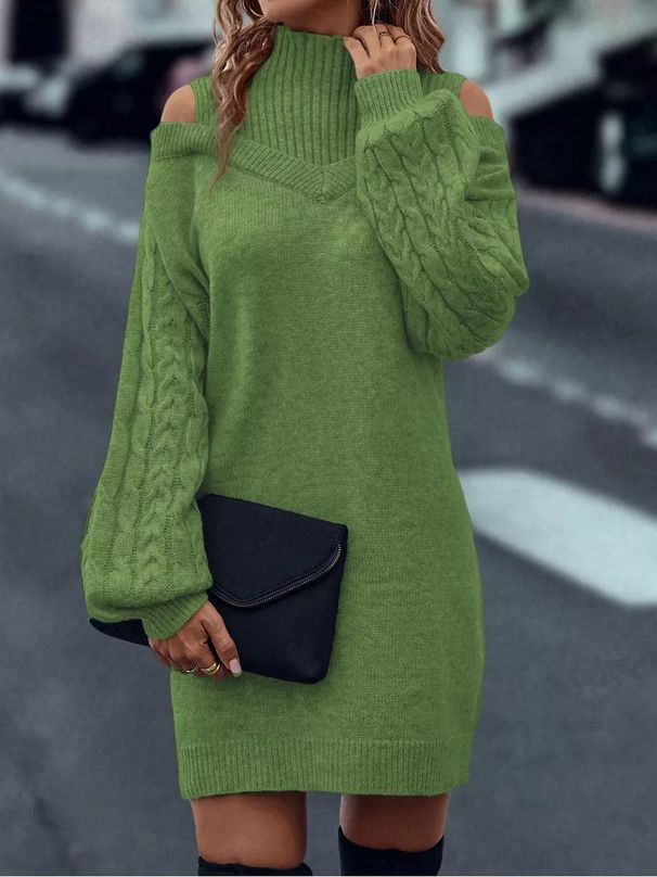 Abito in maglia oversize a maniche lunghe da donna con scollo semi-alto e design a spalle scoperte, abito tunica ampio per autunno inverno, casual_voghion.com