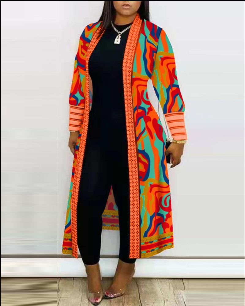 Autumn Fashion Printed Cardigan Coat Windbreaker Women Casual Loose Long Sleeve Long Windbreaker Women_voghion.com