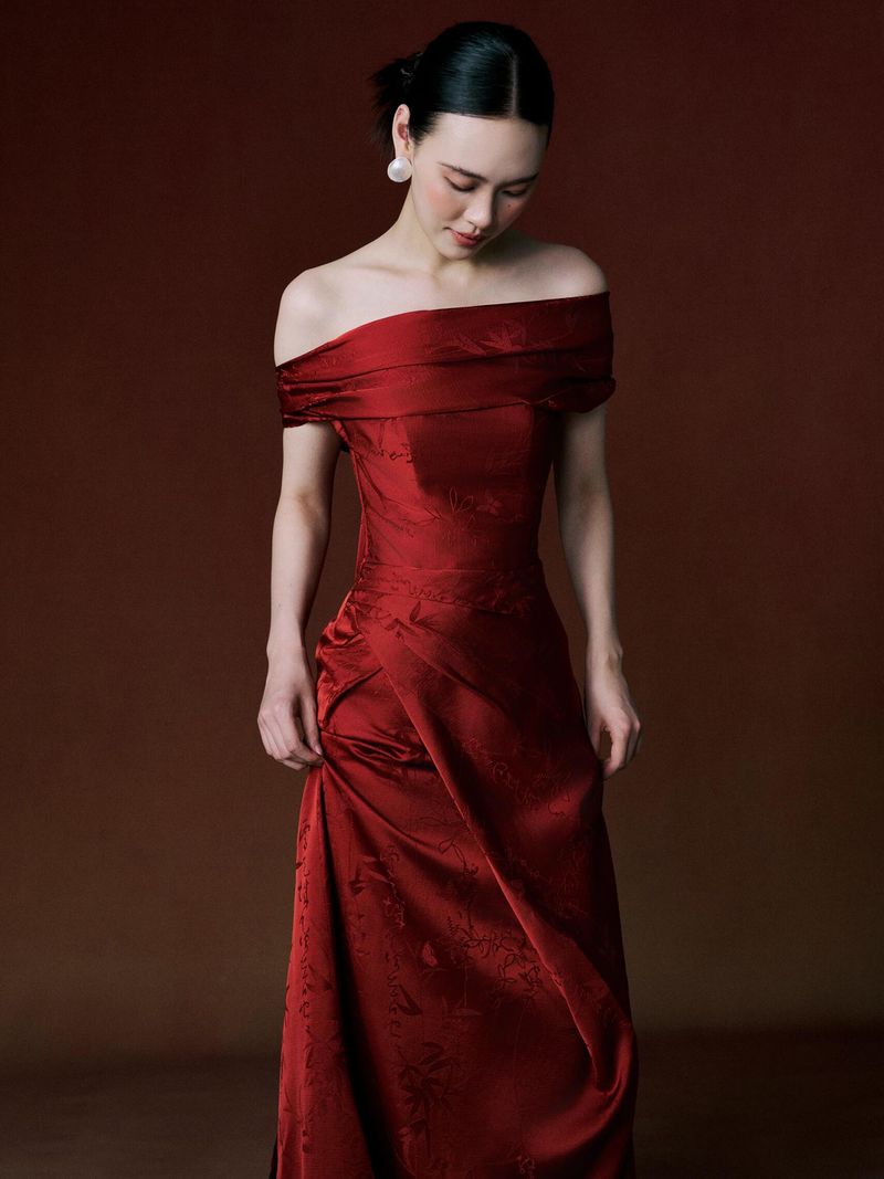 Abito da sposa di alta qualità, stile cinese, rosso, nuovo, con spalle scoperte, per fidanzamento, abito da sera, sirena da banchetto_voghion.com