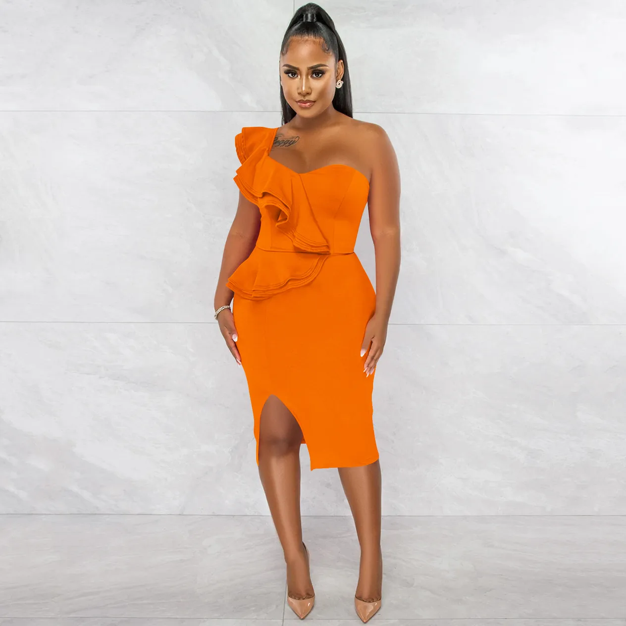 Women's Clothing fashion casual ruffled slit one shoulder sleeve dress women's clothing_voghion.com