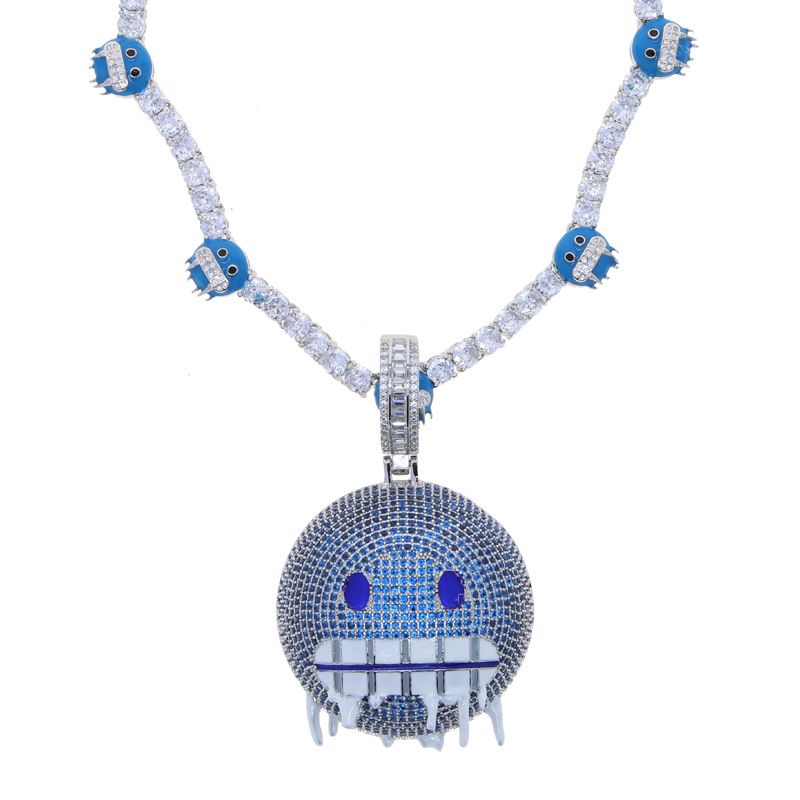 New Ice Face Smiley Face Oil Drop Pendant Tennis Chain Necklace Hip Hop Trendy Men's Jewelry_voghion.com