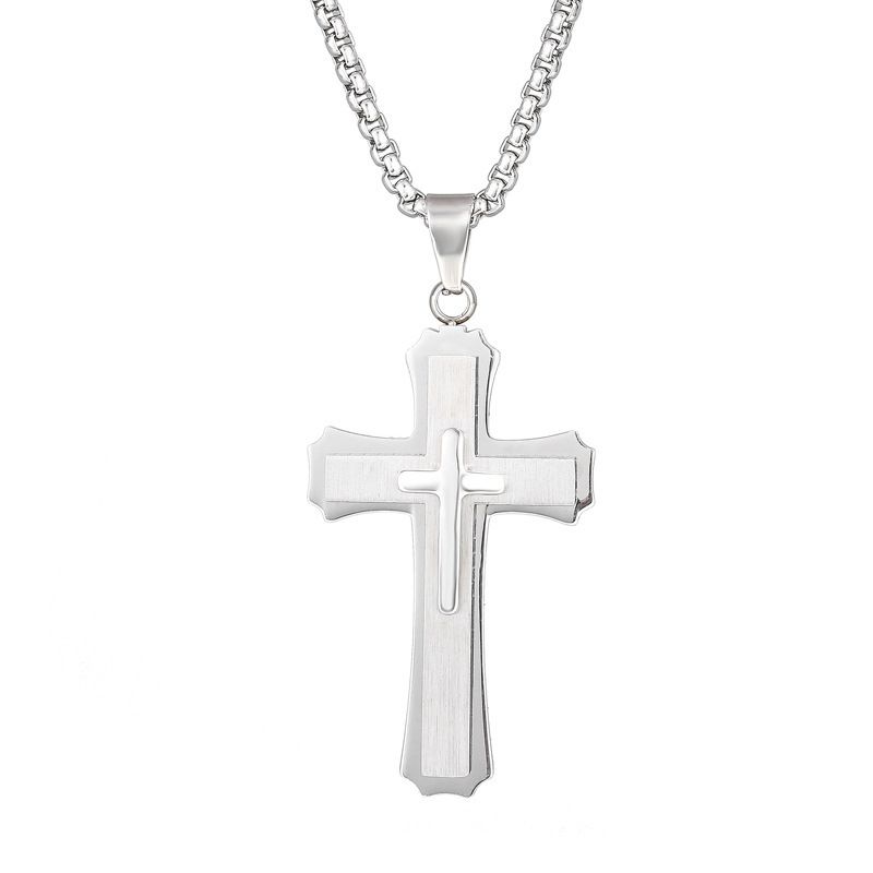 Collana con ciondolo a croce in acciaio al titanio inossidabile, resistente allo sbiadimento, gioiello tridimensionale per uomo_voghion.com