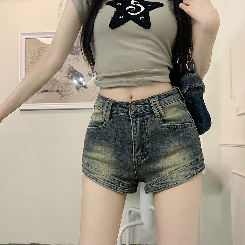 Pittige meisjes hotpants, Amerikaanse stijl distressed denim shorts, dames zomer kleine gestalte, hoge taille, elastische onderkant_voghion.com