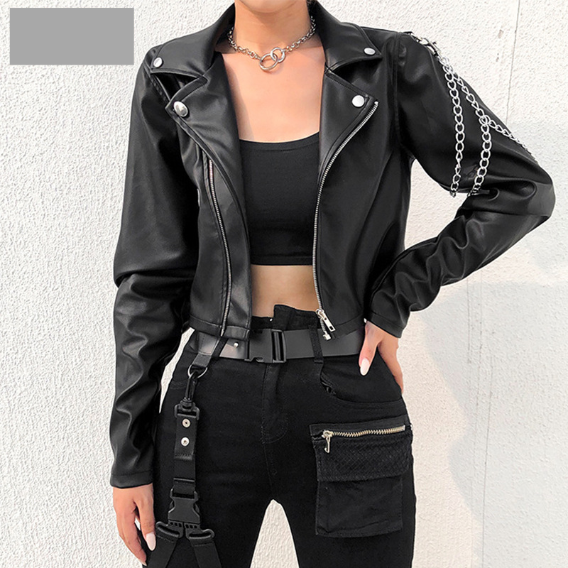 Women's Clothing Chain leather jacket women's short slim pu small jacket motorcycle leather jacket fashion chain leather jacket_voghion.com