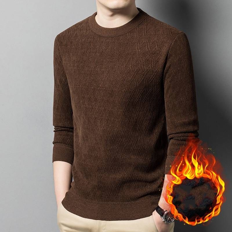 Men's Clothing sweater plus velvet thickened jacquard diamond pattern one piece velvet warm top solid color bottoming round neck sweater_voghion.com