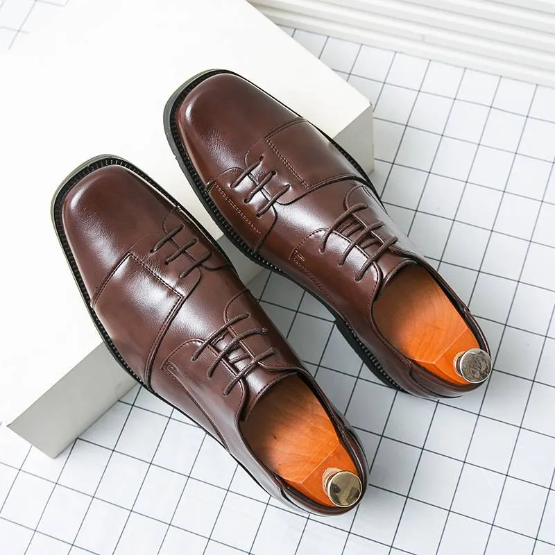 Chaussures pour hommes à bout carré, chaussures derby à lacets en cuir véritable, style britannique, marron, pour robe de banquet et de mariage_voghion.com