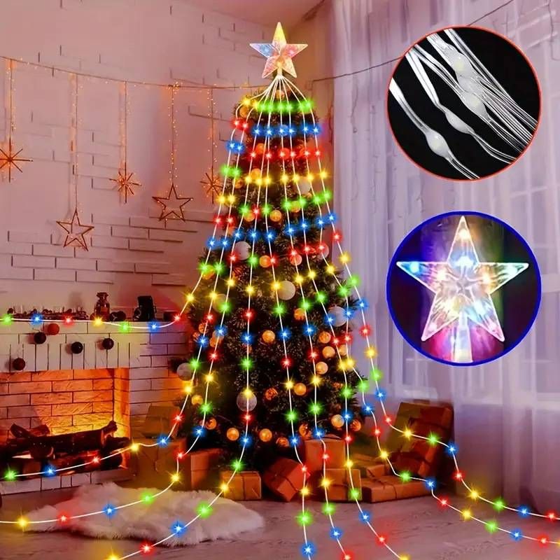Holiday Lighting Smart Bluetooth Five Pointed Star Waterfall Light 3.6m Christmas Decoration Hanging Tree Trailer Light LED Starry Sky Flowing Water_voghion.com