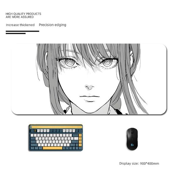 Tapis de souris surdimensionné en noir et blanc avec motif Chainsaw Man Chiato, de qualité imbattable, idéal pour le bureau ou l'école._voghion.com