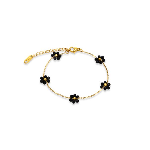 Set di collana, cavigliera e bracciale con catena in vita e fiore di margherita nera in acciaio al titanio Spot Fashion_voghion.com