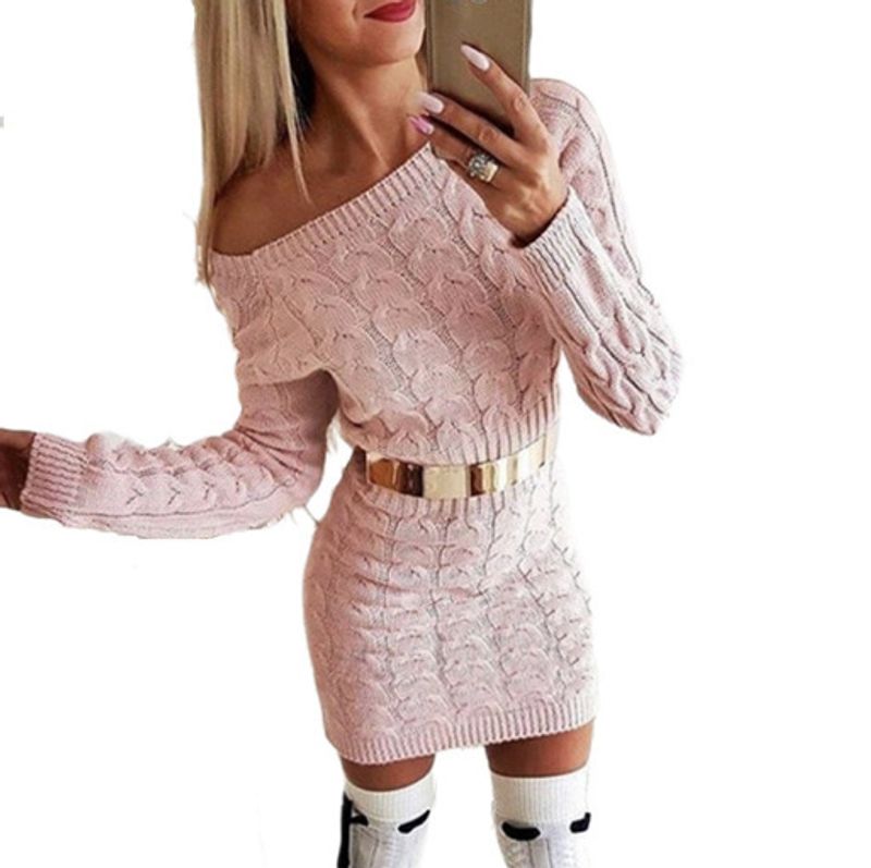 Women's Clothing winter new mid length fluorescent color twist waist off shoulder sweater dress hot selling sweater_voghion.com