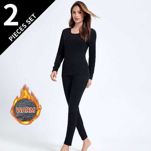 Set di biancheria intima termica da donna autunno inverno tinta unita con scollo rotondo e pantaloni, codice speciale Overseas Platform_voghion.com