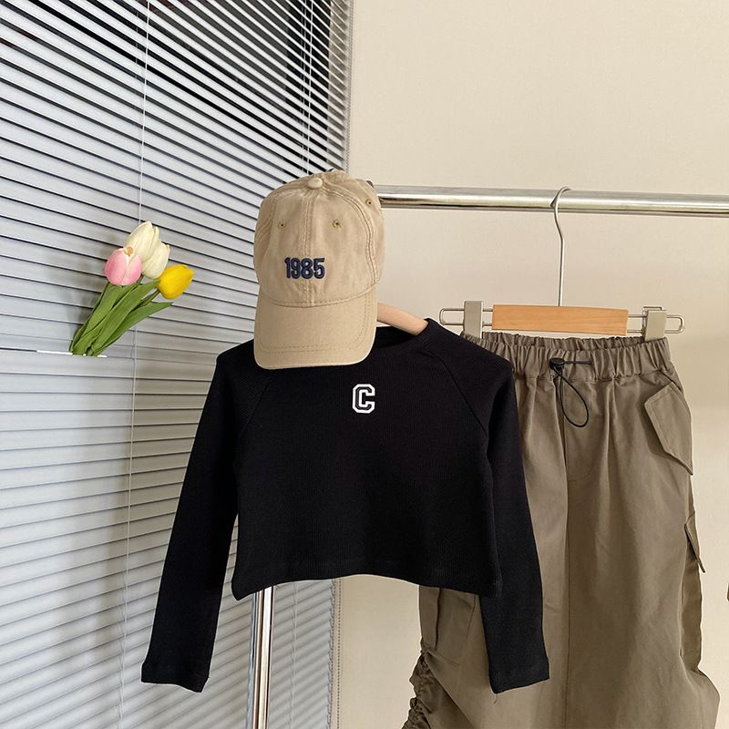 Mother&Kids Damen-Set mit Stickereien im Buchstaben C, Rundhalsausschnitt, langärmliges Oberteil, hohe Taille, mittellanger Werkzeugrock, Anzug, Flut_voghion.com