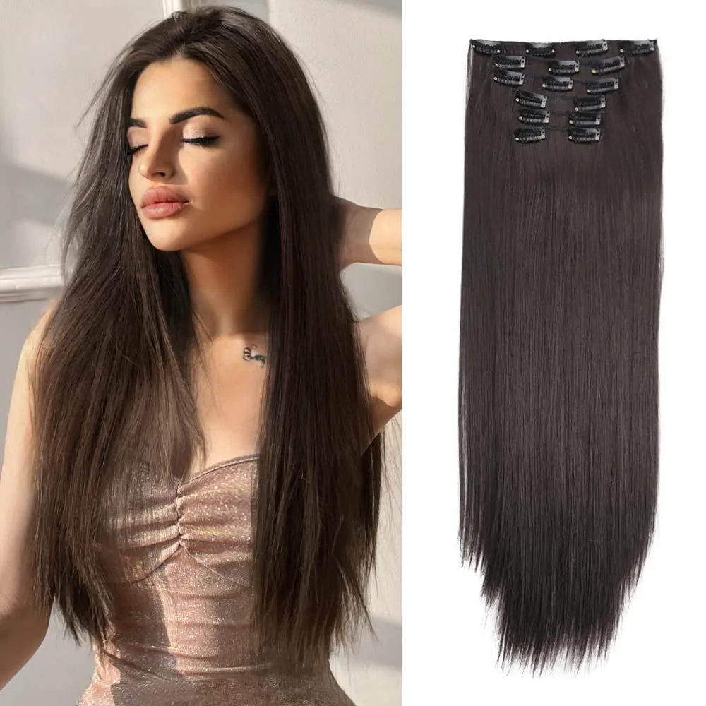 European and American women's 6-piece clip hair extensions 16-card long straight hair seamless hair extensions wig piece_voghion.com