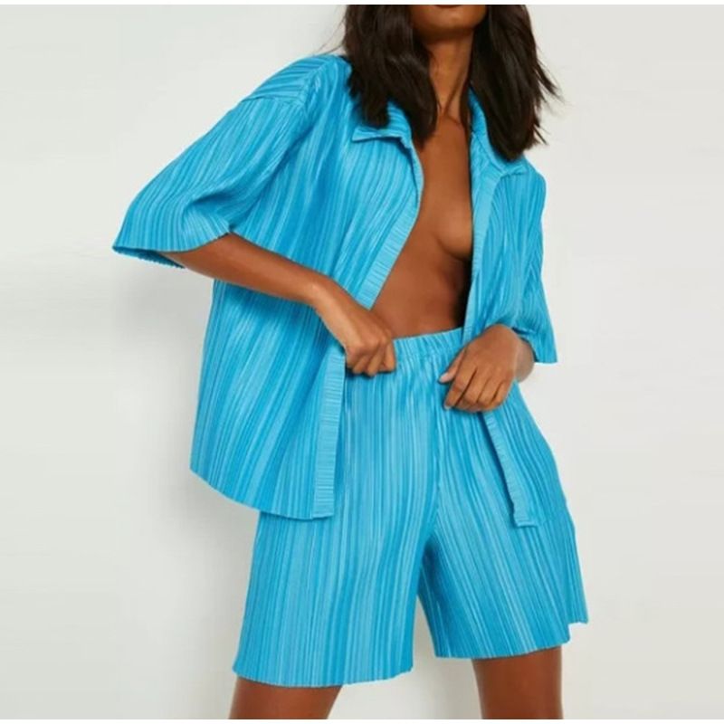 Women's Clothing Spring And Summer Hot Sale Pleated Shirt Short Sleeve Shorts Fashion Casual Two Piece Set_voghion.com