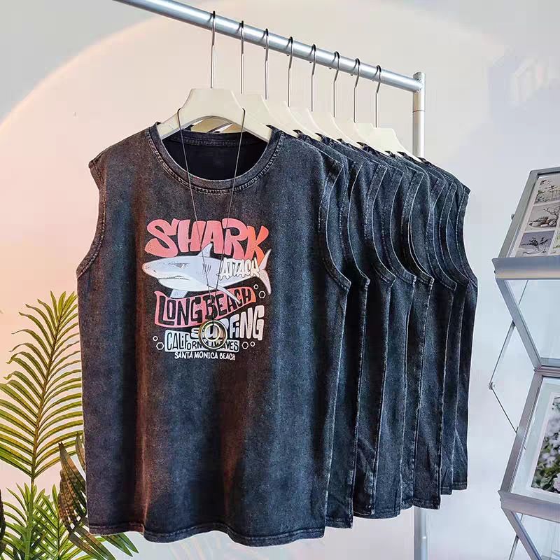 Koszulka bez rękawów w stylu amerykańskim, czysta bawełna, sporty letnie, męska koszulka z nadrukiem Shark Tank Top, szeroka unisex_voghion.com