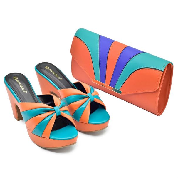 Spliced color high-heeled sandals and bag set banquet party design_voghion.com