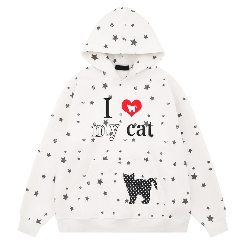 Felpa con cappuccio vintage da uomo con stampa "Love & Paw" americana - Pullover oversize unisex per coppie, top casual da streetwear (nero/bianco/blu)_voghion.com