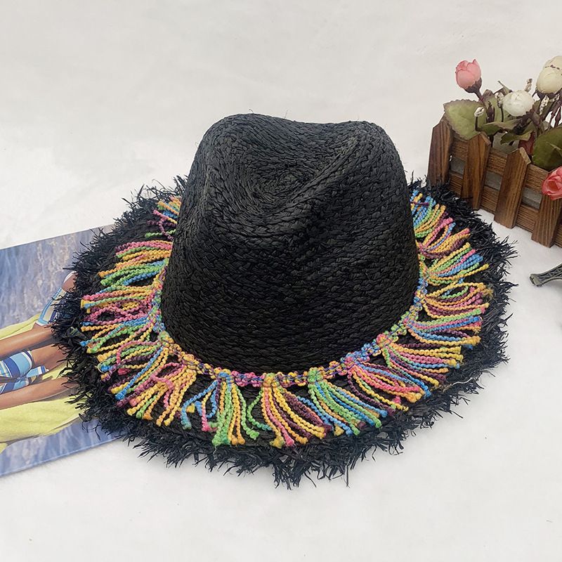 Xiao Xiangfu Car Horse  Rainbow Tassel Broken Edge Women's Summer Beach Hat Raffia Sun Hat Travel Hat_voghion.com