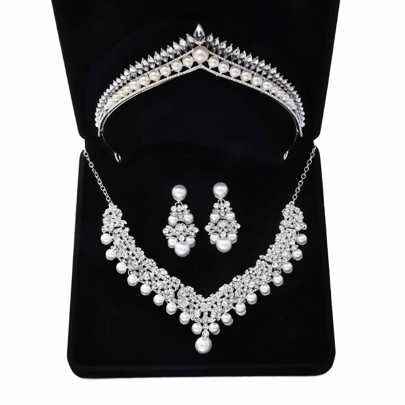 2023 nuova collana e orecchini da sposa set di tre pezzi perla tiara corona di cristallo abito da sposa gioielli transfrontalieri_voghion.com
