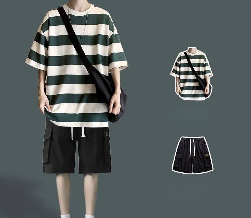 Men's Workwear Shorts Suit Short-Sleeved Two-Piece Suit Handsome Trend Casual Five-Point Sleeve Big Stripe Suit  _voghion.com