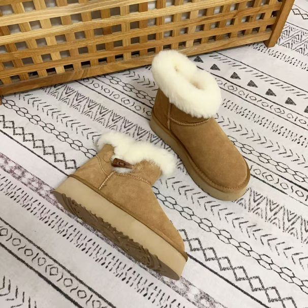 Winter New Short Boots, Cowhide And Wool Snow Boots For Women, Cow Horn Buckle Thick Sole For Warmth And Anti Slip, Thick Snow Boots_voghion.com