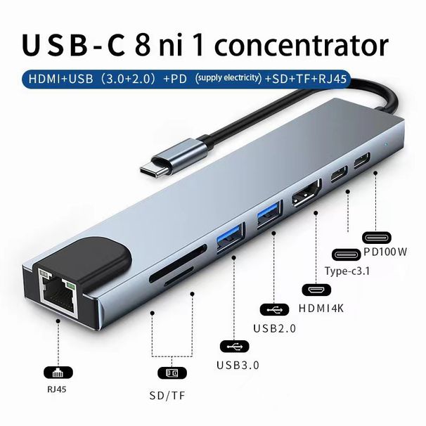 1 PC Type-C -telakointiasema 8-in-1 HDMI kannettavan muuntimen USB 3.0 -verkkokortin keskitin Type 6in16-in-1_voghion.com