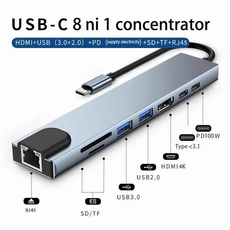 1PC Stazione di docking di tipo C 8 in 1 Convertitore per laptop HDMI Hub per scheda di rete USB 3.0 Tipo 6 in 16 in 1_voghion.com