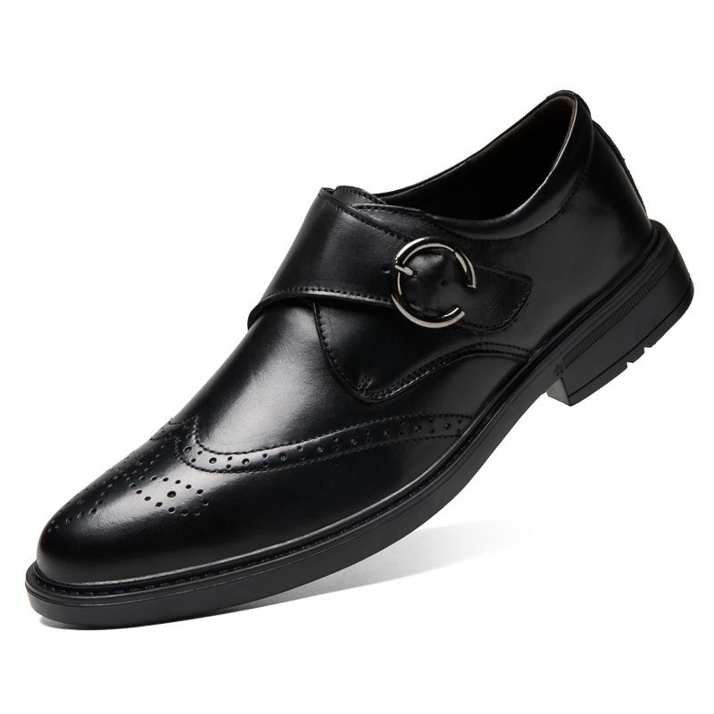Euro Step Autumn British Style Cowhide Business Formal Men's Pointed Leather Brogue Carved Strap Monk Shoes_voghion.com