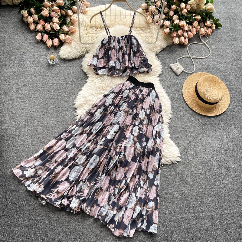 Costume de vacances pour femmes, haut court à bretelles, jupe plissée en mousseline de soie, motif floral, deux pièces, industrie lourde_voghion.com