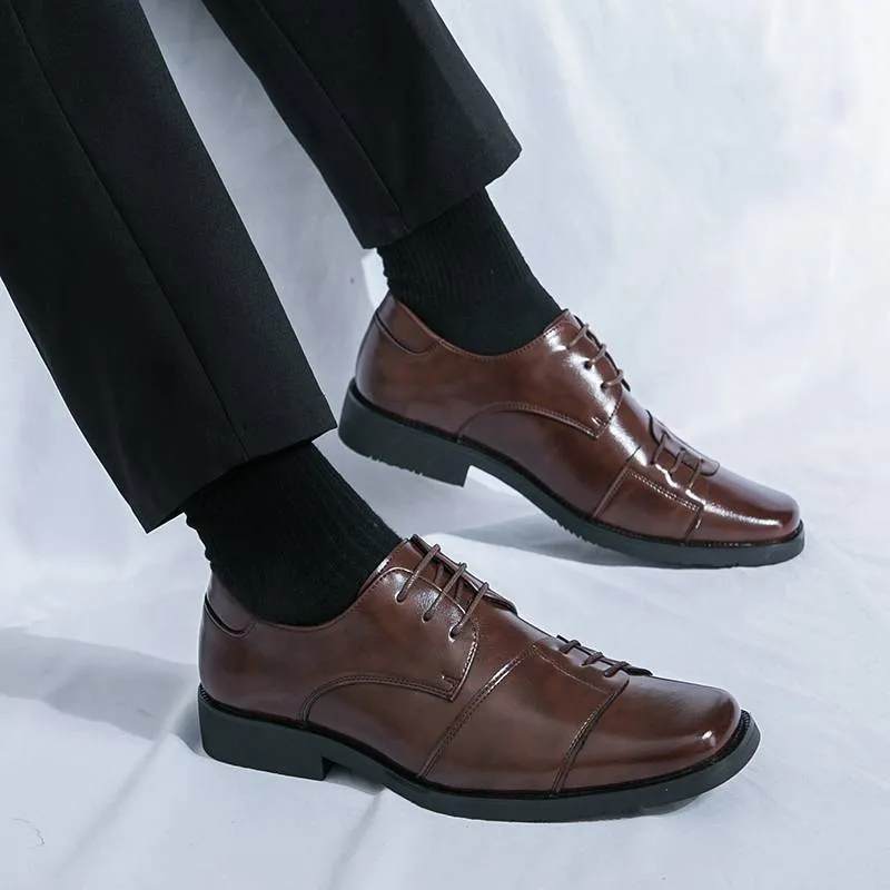 Chaussures pour hommes à bout carré, chaussures derby à lacets en cuir véritable, style britannique, marron, pour robe de banquet et de mariage_voghion.com
