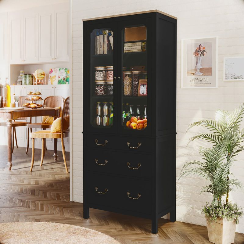 Kitchen Pantry Cabinet, Freestanding Tall Storage Cabinet, Utility Cupboard, Pantry Cabinet With Tempered Glass Doors And Adjustable Shelves For Kitchen, Living Room, Dining Room_voghion.com