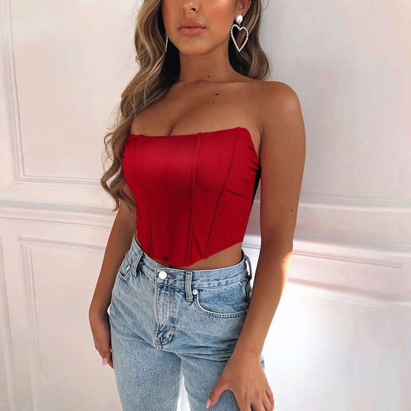 Women's playful and sexy style backless navel-baring one-line collar slim-fitting top Glossy sequined curved breast-wrapped _voghion.com