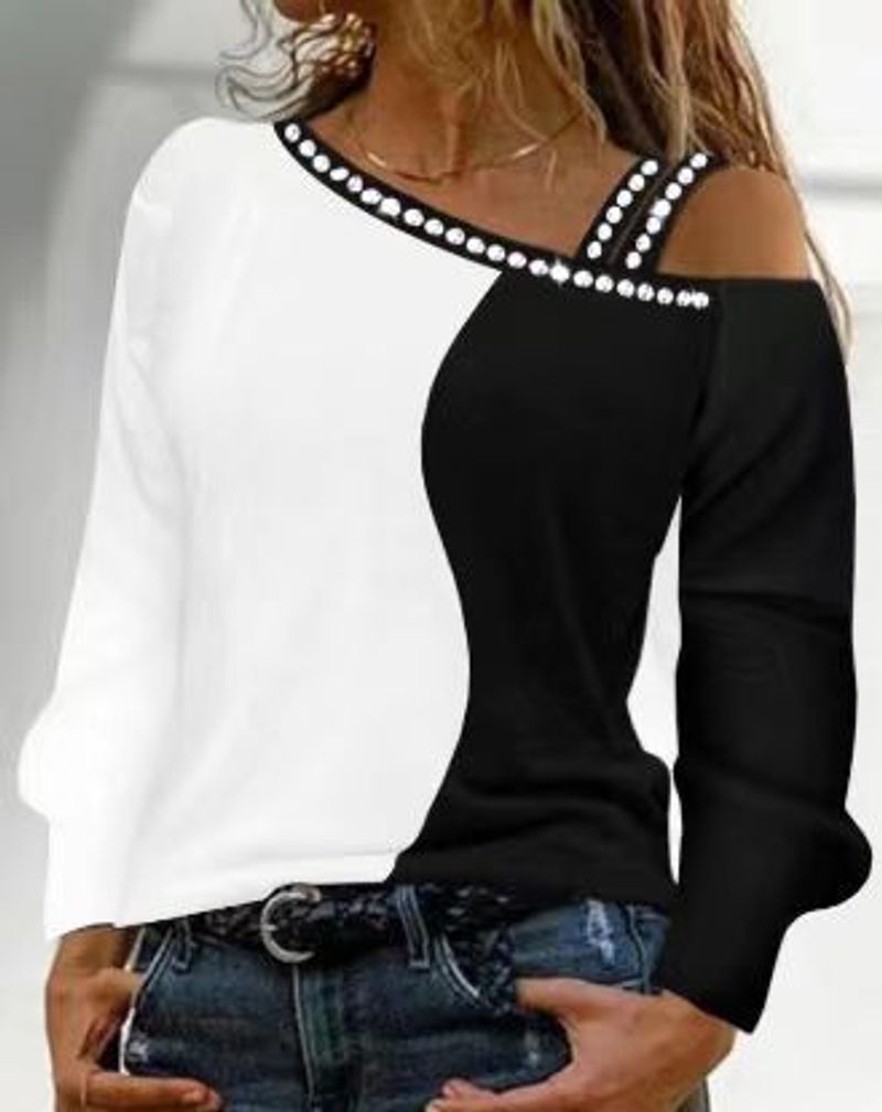 Damenmode Hot Drill T-Shirt Schulter Langarm Top_voghion.com