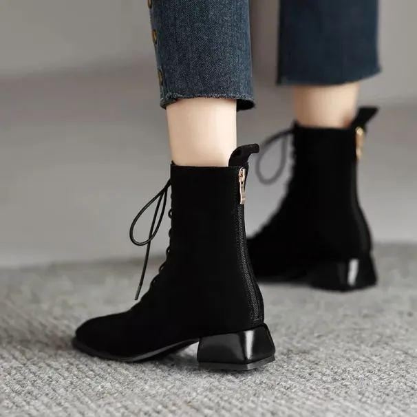 Lace Up Martin Boots: Winter Trendy Retro Versatile Square Toe High Heel Boots, Black/Green, 2024 Collection, Free_voghion.com