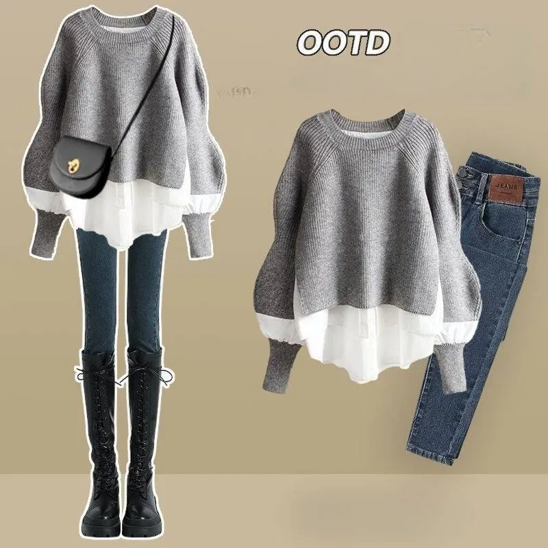 Sieviešu apģērbs Rudens uzvalks Temperamenta divdaļīgs krekls Top Slim Jeans Liela izmēra divdaļīgs uzvalks_voghion.com