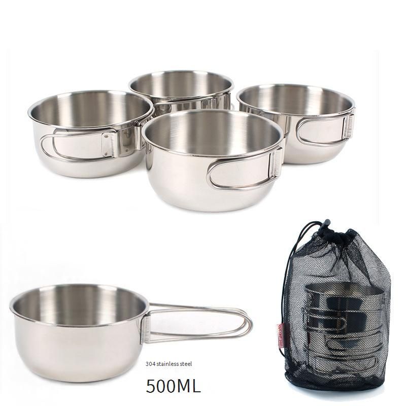 4-delige kampeerkommenset van roestvrij staal 304 - 500 ml compact ontwerp voor wandelen, vissen en picknicken (lichtgewicht en duurzaam servies voor buiten)_voghion.com