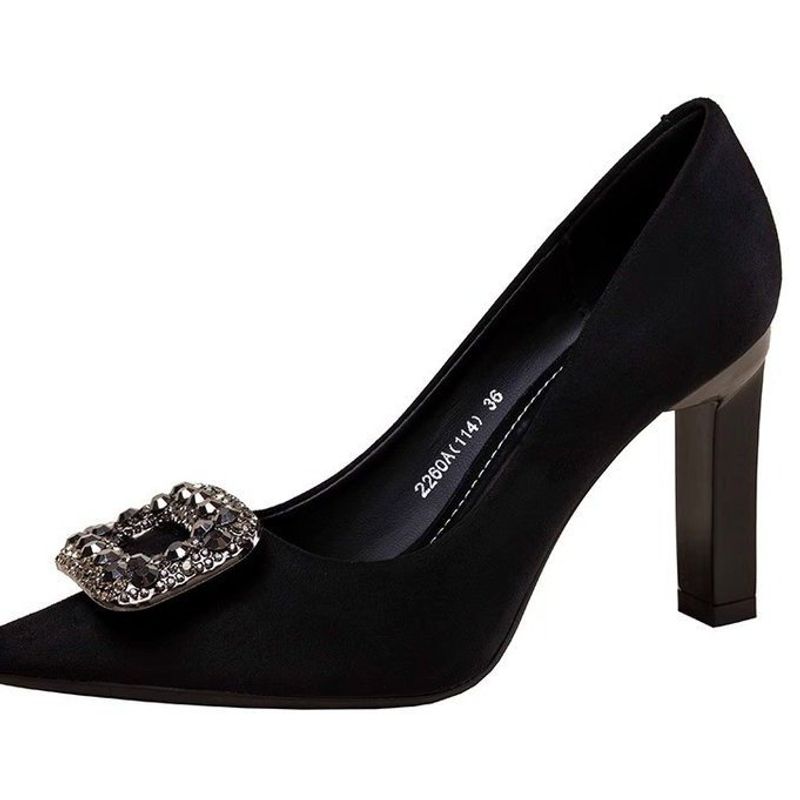 Pantofi de damă, stil francez nou, vârf pătrat, tocuri înalte, cu gura mică, tocuri groase, temperament, tocuri medii, strasuri, pantofi simpli pentru femei_voghion.com