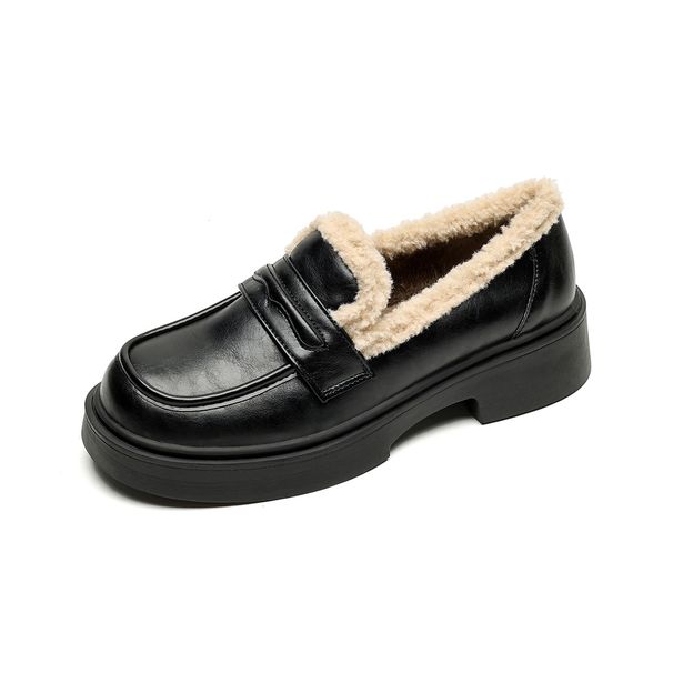 Mocassins de lã femininos, sola grossa, pretos, quentes, um pedal, sapatos pequenos de couro, salto grosso, sapatos únicos para mulheres_voghion.com