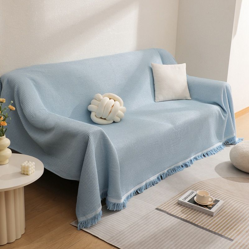 Bohemian Tassel Sofa Cover – Soft Cotton-Polyester Blend Waffle Knit Throw Blanket With Fringe (Elegant Solid Colors, Machine Washable)​_voghion.com