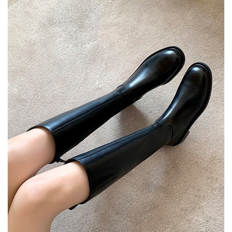 Rindsleder-Version ~ Beinschlankmachendes Reiten aus echtem Leder mit dicker Sohle für Damen, klobiger Absatz, schwarz mit seitlichem Reißverschluss, hoch_voghion.com