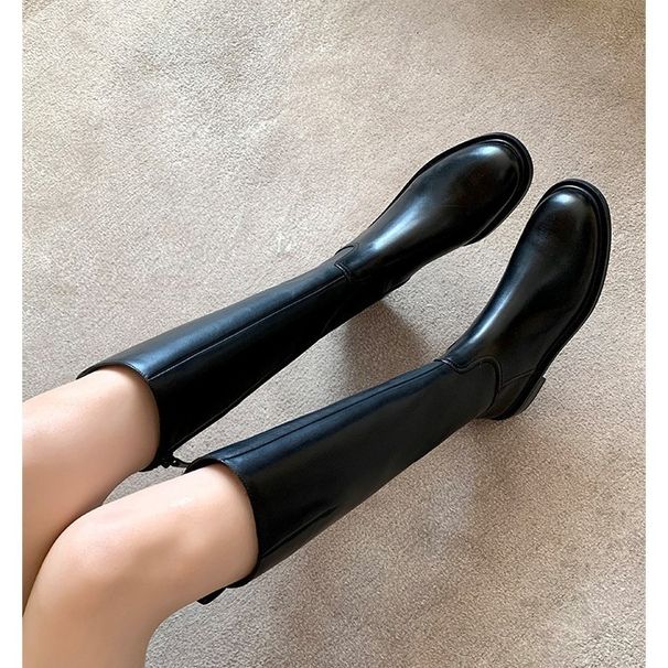 Rindsleder-Version ~ Beinschlankmachendes Reiten aus echtem Leder mit dicker Sohle für Damen, klobiger Absatz, schwarz mit seitlichem Reißverschluss, hoch_voghion.com