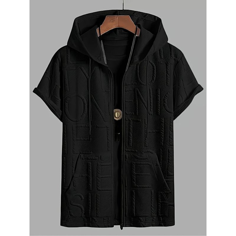 T-shirt à capuche élégant pour homme avec imprimé lettre - Polyester respirant, coupe décontractée, col en V pour un style décontracté et streetwear (_voghion.com