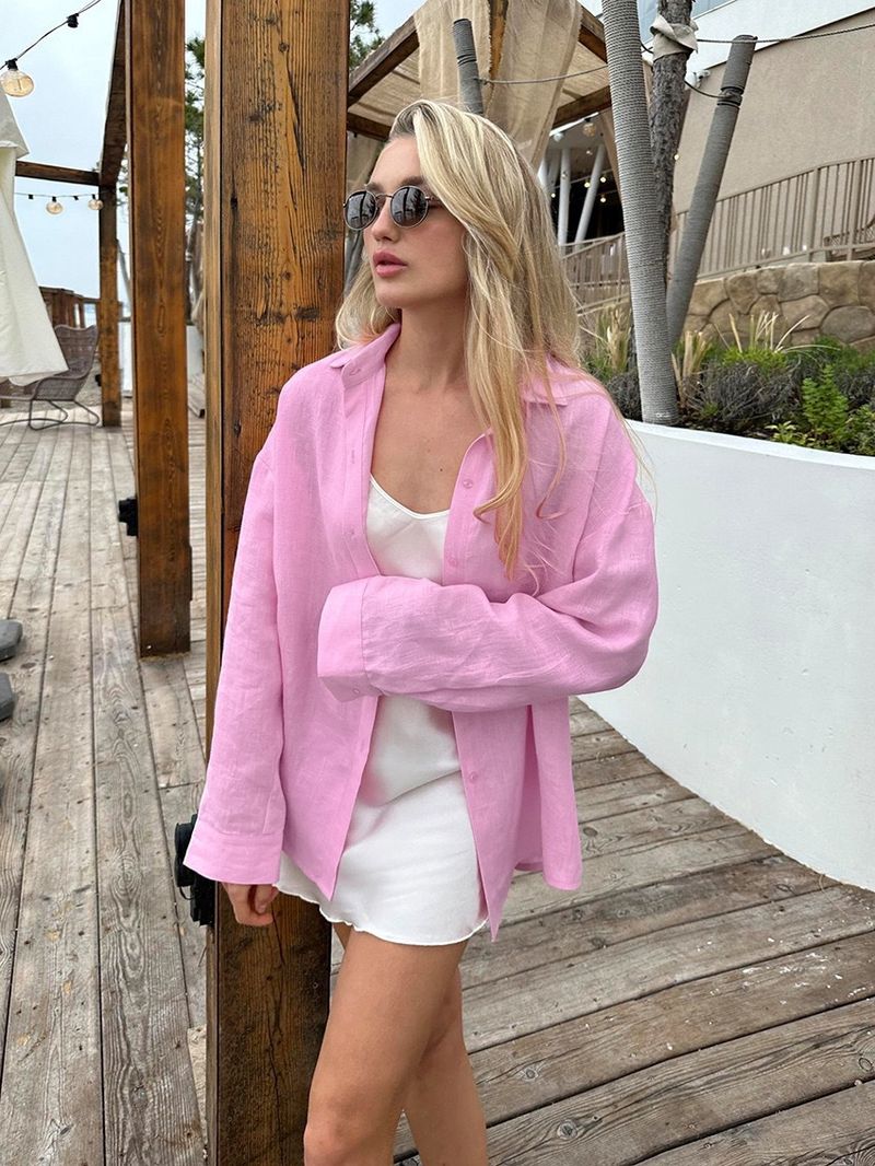 Women's Shirt Long Sleeve Elegant Pink Blue Loose Blouse Vintage Spring Autumn Basic Top Collar Cotton Linen Shirt For Women_voghion.com