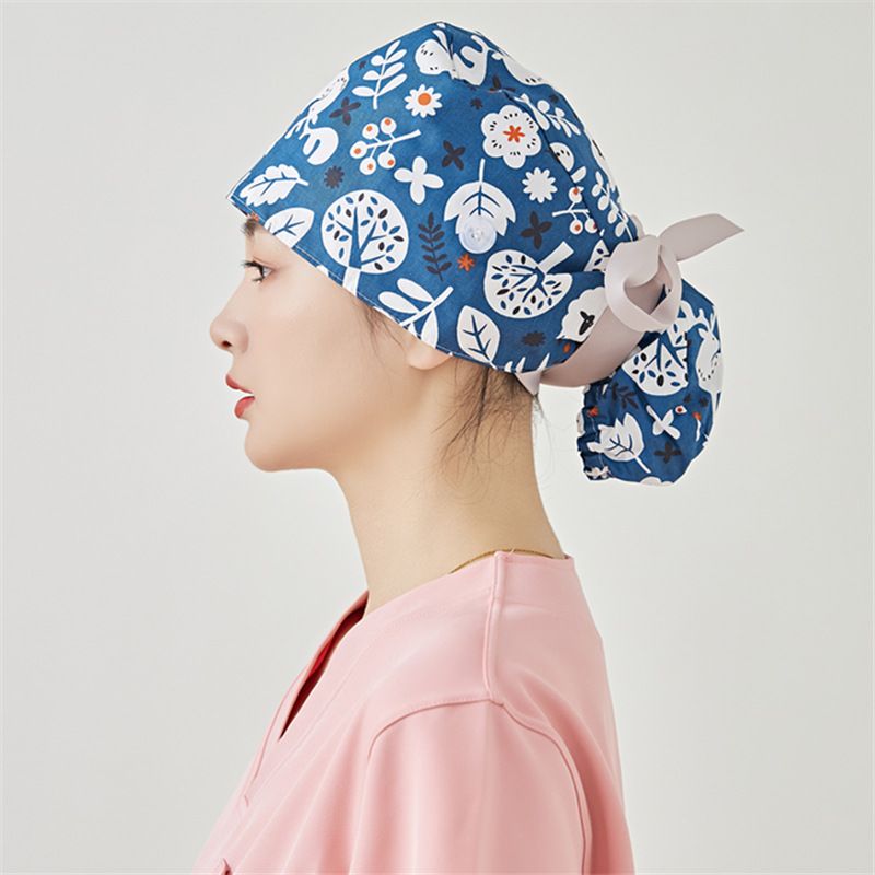 Cuffia chirurgica da donna con fiocco e bottoni, stampa chirurgica, con chignon, antipolvere, per infermiere, capelli lunghi_voghion.com